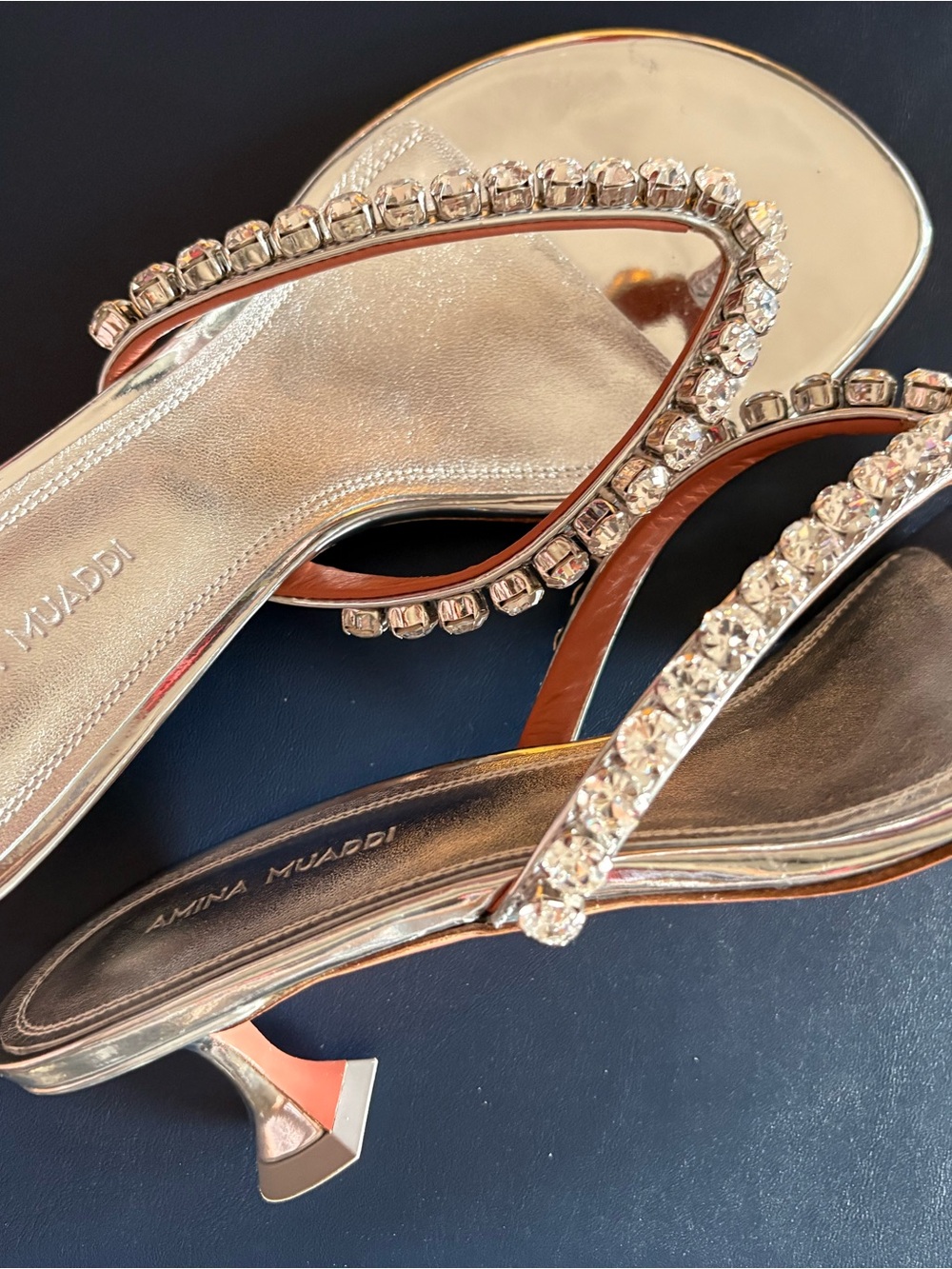 Amina Muaddi Silver, Kitten Heel Sandals with 45mm Crystal Embellishments.
